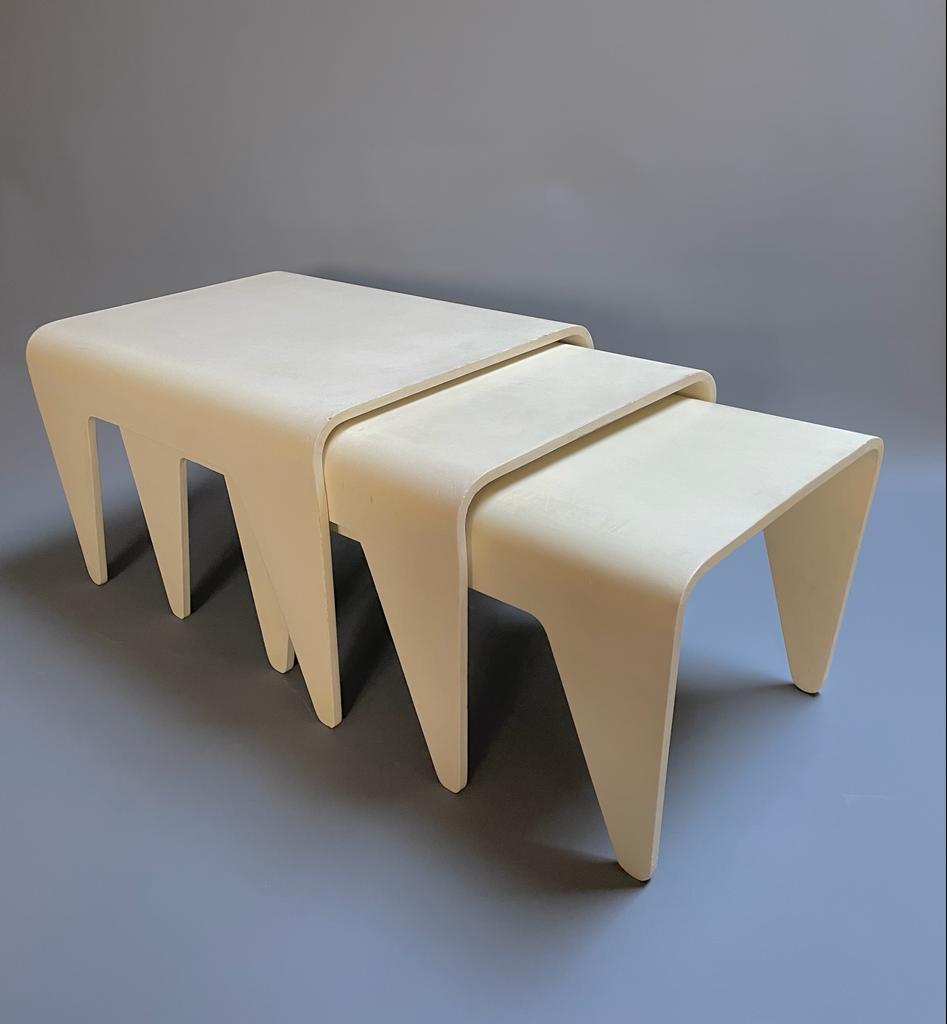 Set of 3 nesting tables from Marcel Breuer for Isokon. Ivory painted birch ply